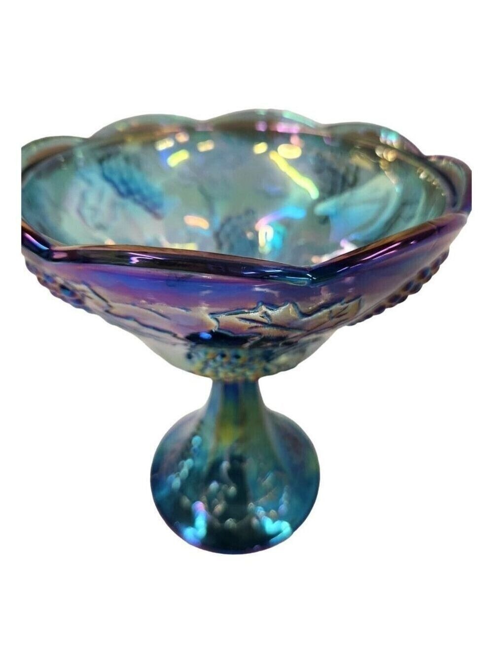 Indiana Carnival Glass Compote Bowl Blue Grape Leaf Vintage - Picture 6 of 6